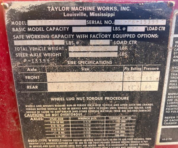 1978 TAYLOR TYB 220M FORKLIFT 22,000 LBS DIESEL HEAVY DUTY TRIPLE STAGE WITH FREE LIF 007