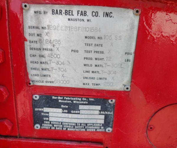 1985 BAR-BEL 4,500 GALLON FOOD-GRADE STAINLESS STEEL 015