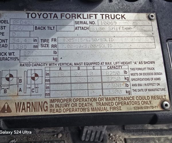 2013 TOYOTA FORKLIFT 8FD45U 8.250 LBS 015