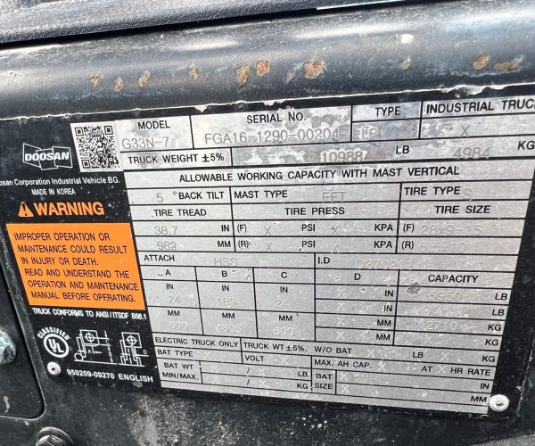 2020 DOOSAN FORKLIFT MODEL G33N-7 CAPACITY 6.500 LBS 019